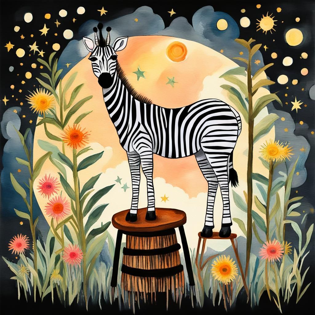 Whimsical Zebra Stool in Impressionist Gouache Style