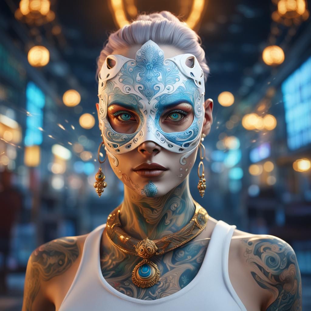 Masked Woman Portrait with Cityscape Eyes