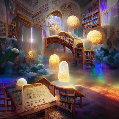Enchanted Library with Celestial Lights: Fantasy Illustratio...