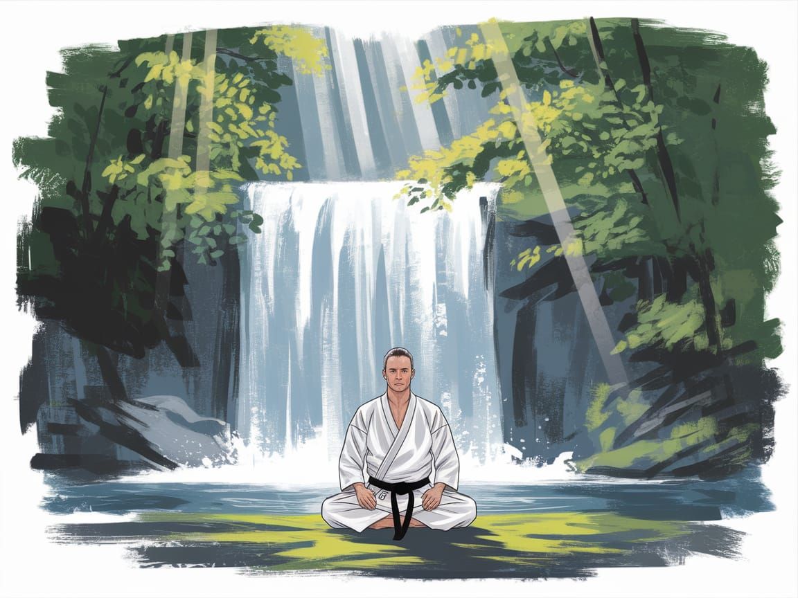 Karate Master Meditates in Japanese Ink Wash Style