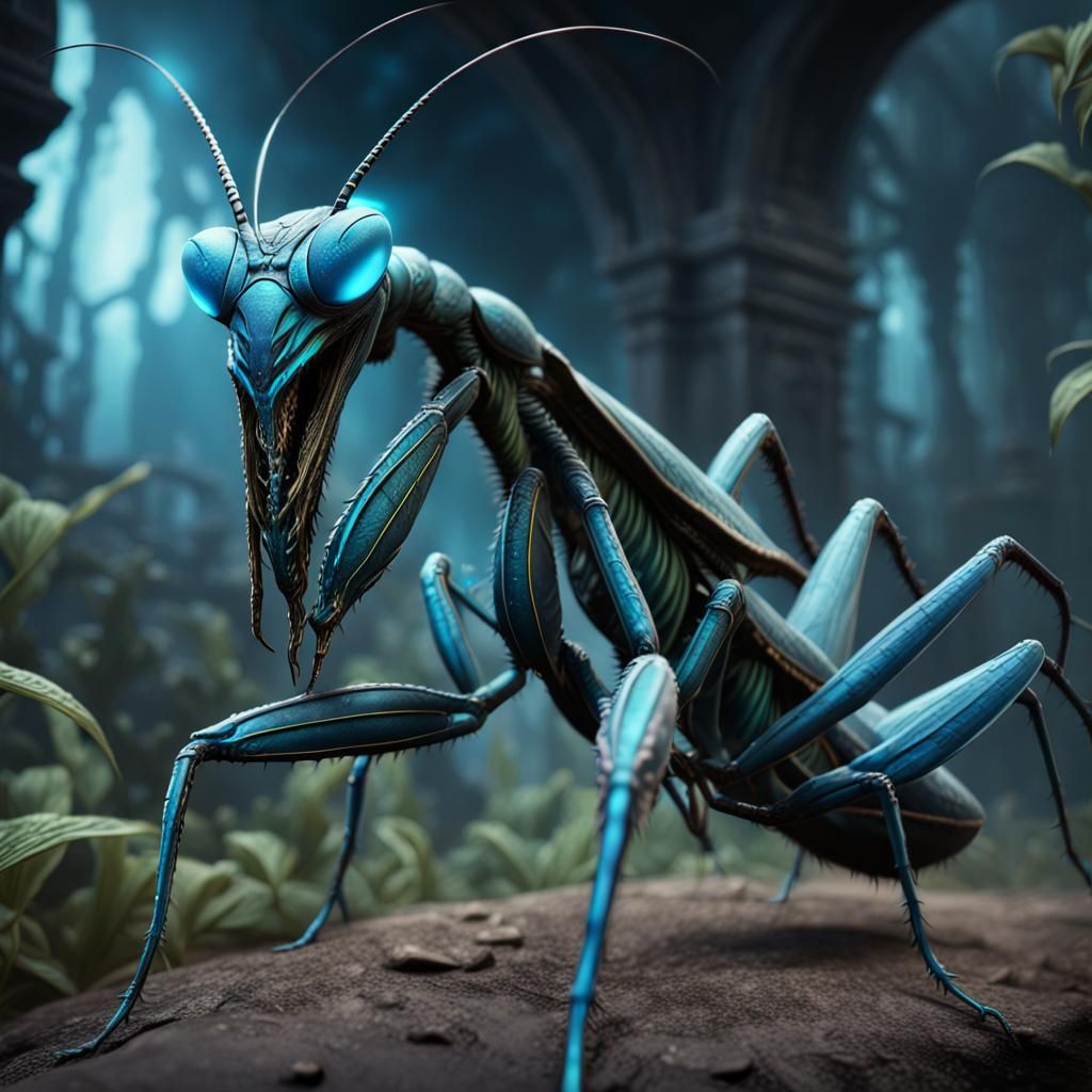 Bioluminescent Demonic Praying Mantis: Detailed Matte Painti...