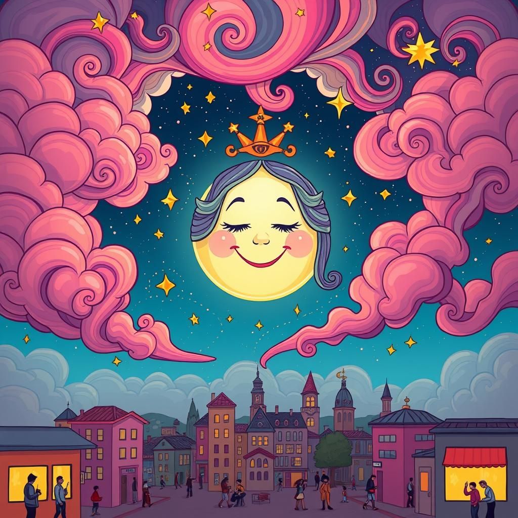 Smiling Moon Goddess Welcomes Monday: Cartoon Style