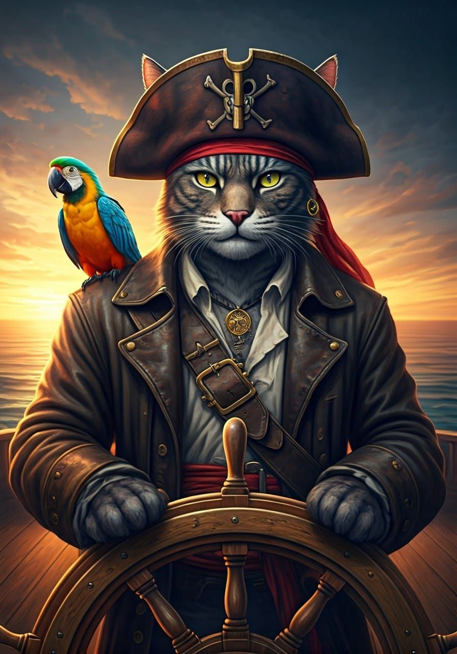 Pirate Cat Portrait on Ship in Futuristic Realism