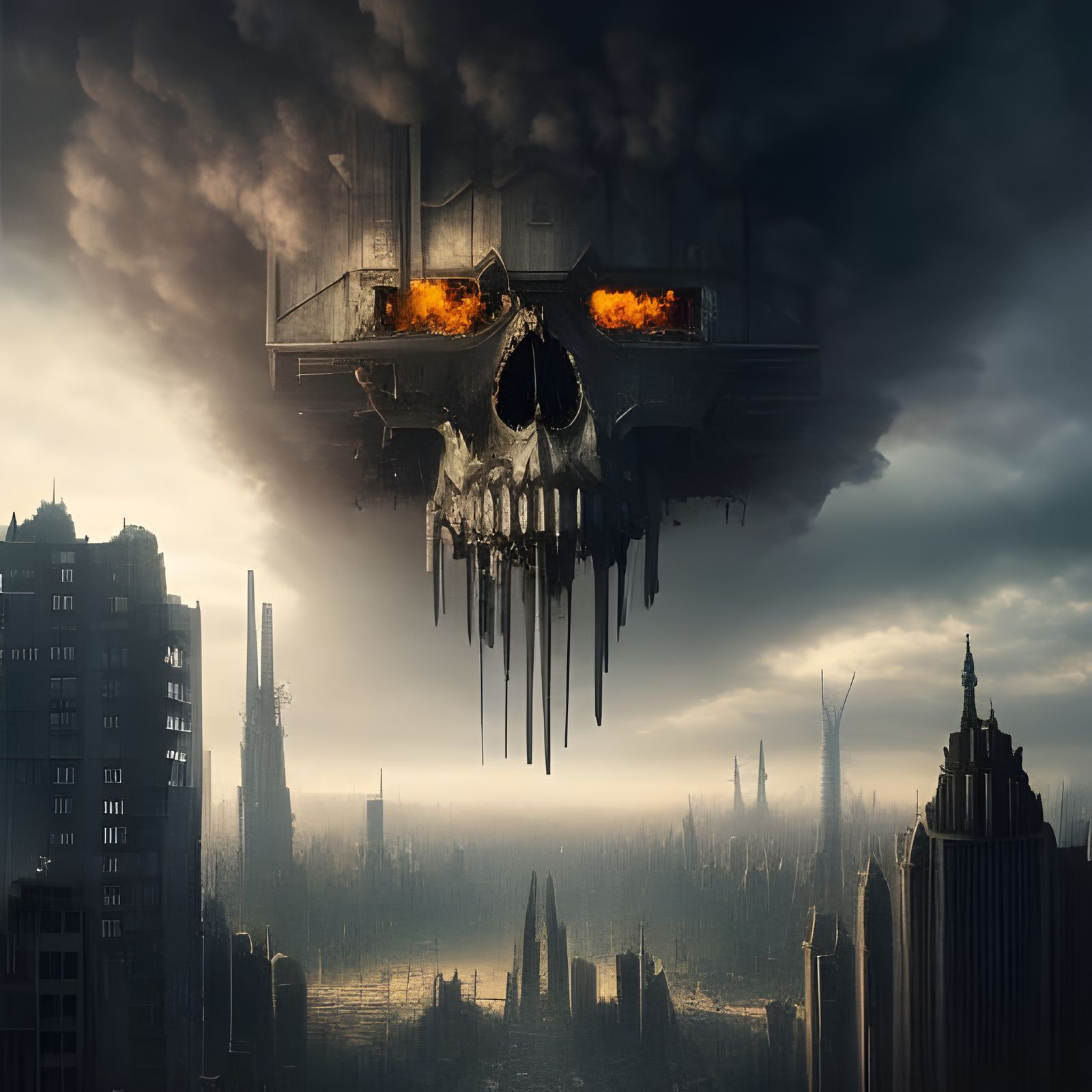 Burning Skull Over Dystopian City