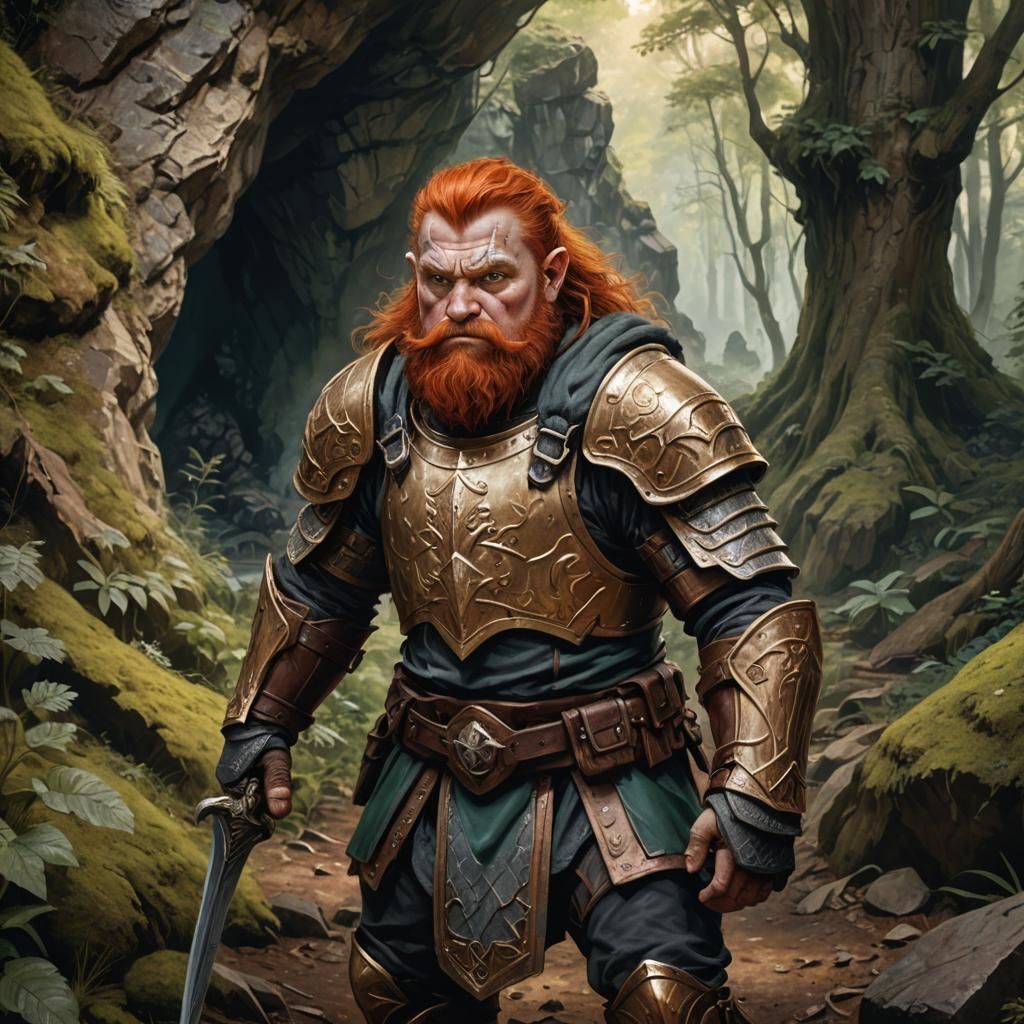 Scared Redhead Dwarf Warrior in Forest Cave