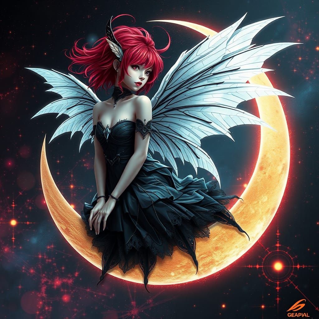 Cyber Fairy on Moon with Cosmic Glitch Background