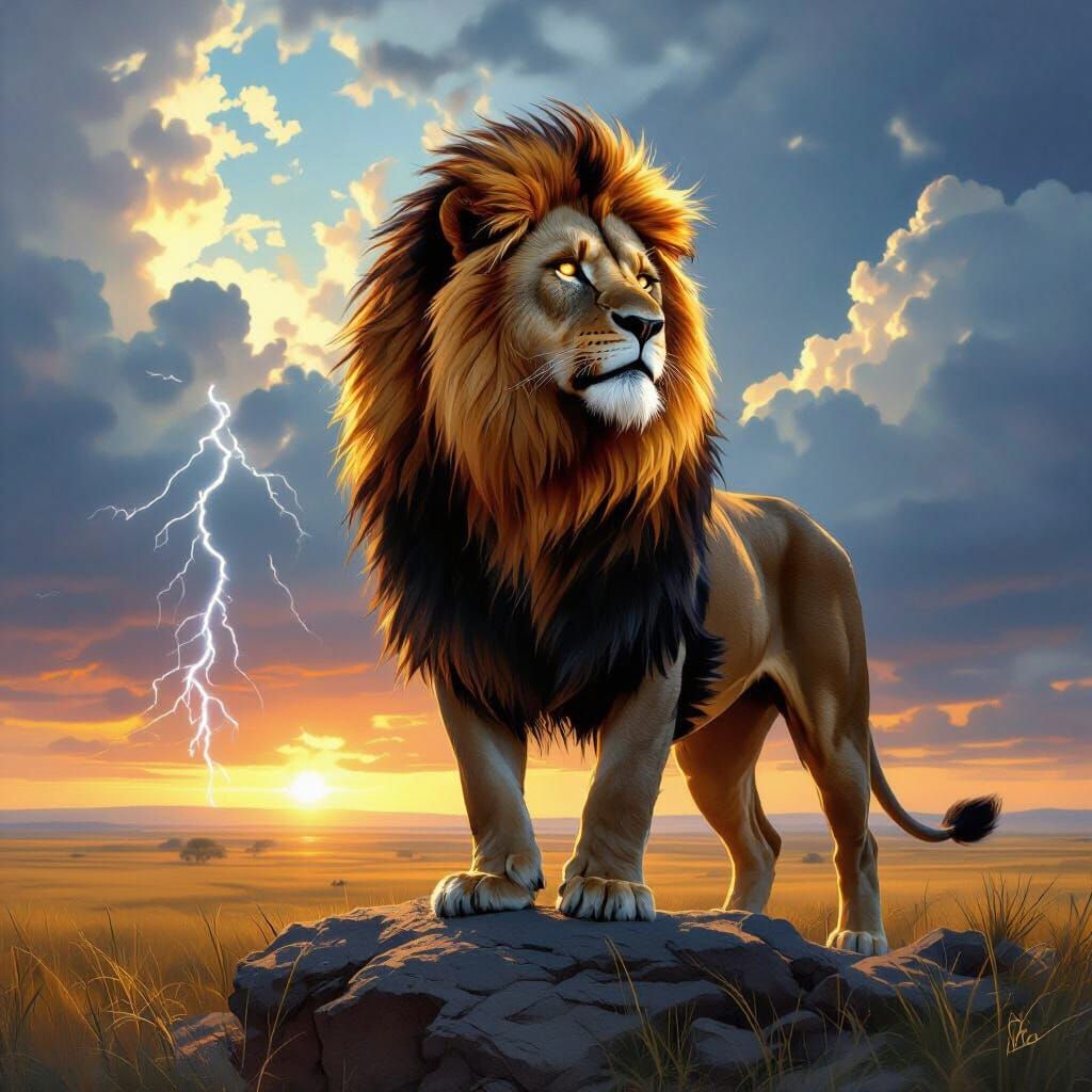 Fiery Lion Overlooking Savannah in Hyperrealistic Style