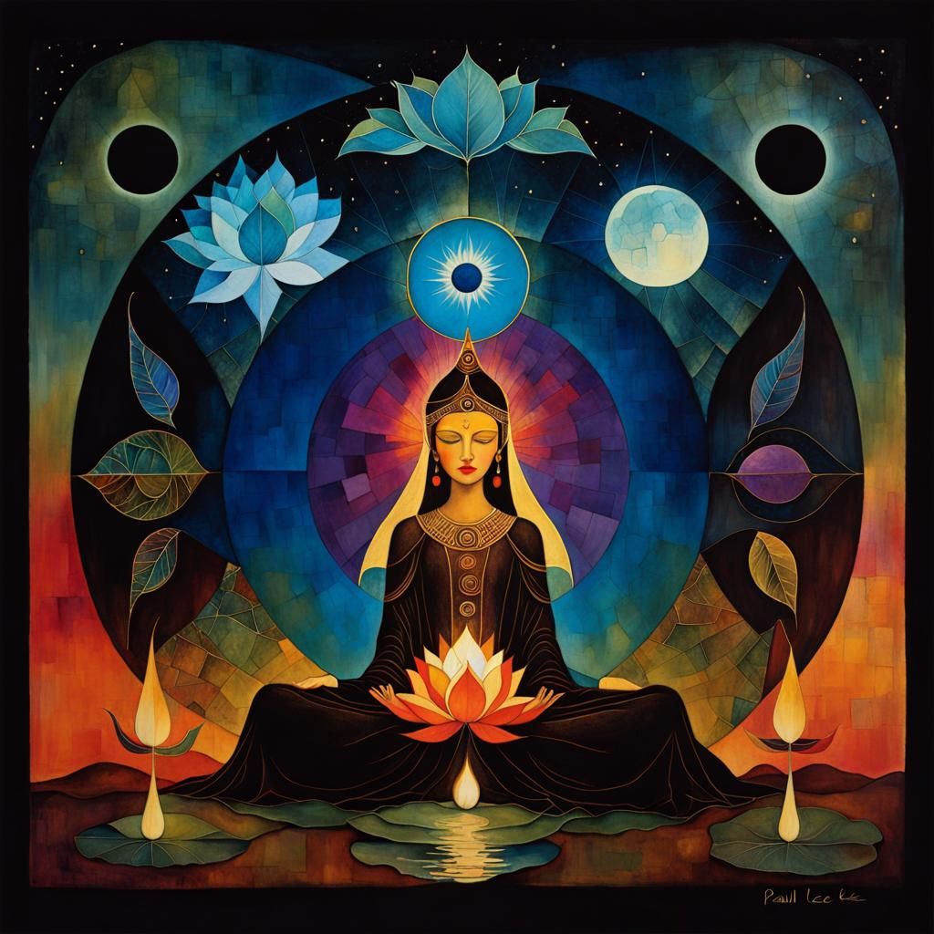 Mystical Lotus Goddess with Birds in Surreal Style