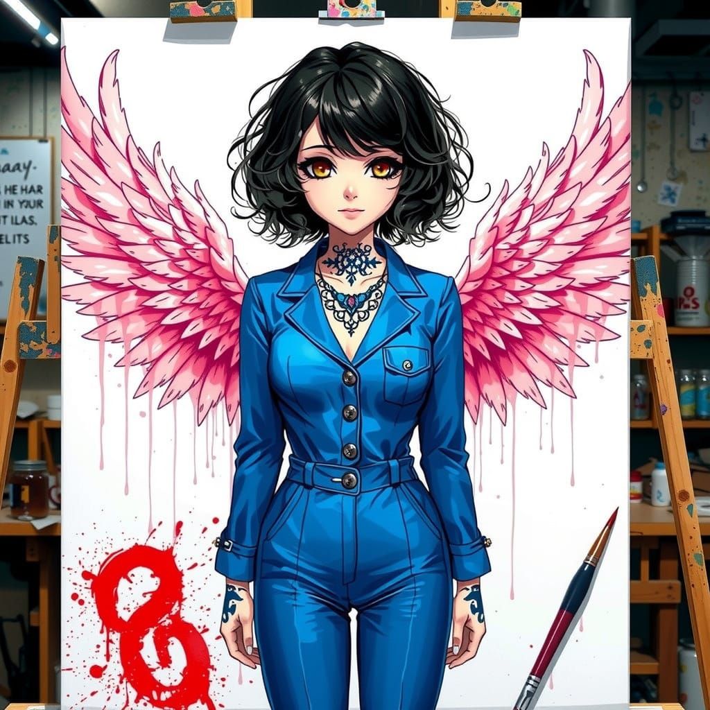 Anime Style Emo Girl in Oversized Blue Overalls with Wings T...