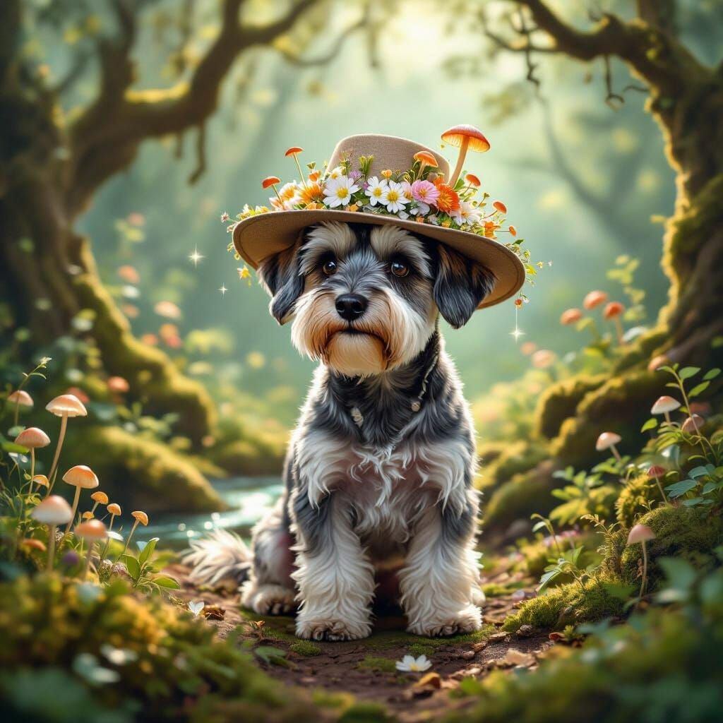 Whimsical Schnauzer in Flower Hat in Enchanted Forest