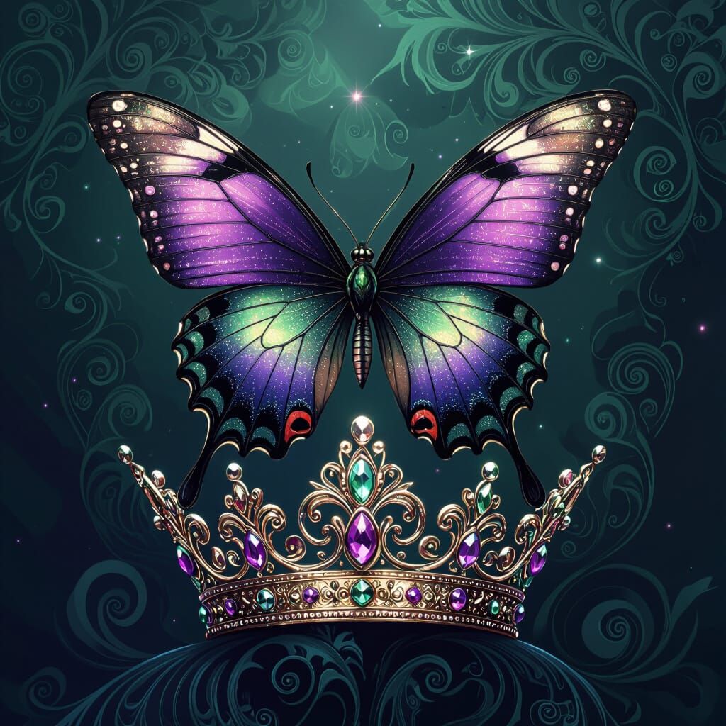 Iridescent Butterfly on Jeweled Crown, Dreamlike Quality