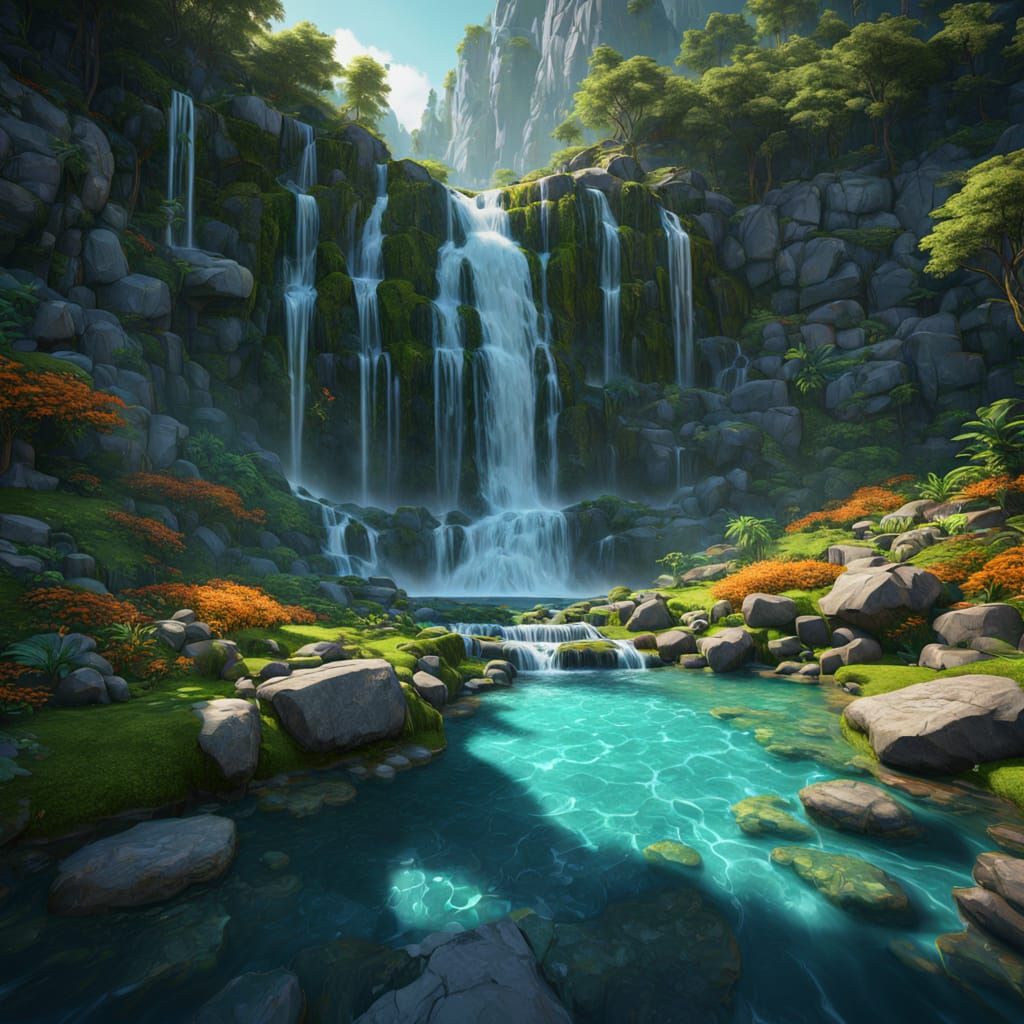 A majestic waterfall cascading down moss-covered rocks into ...