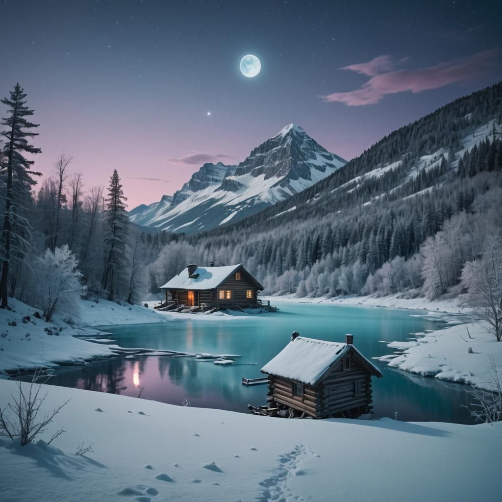 Luminous Blue Cabin in Snowy Fantasy World
