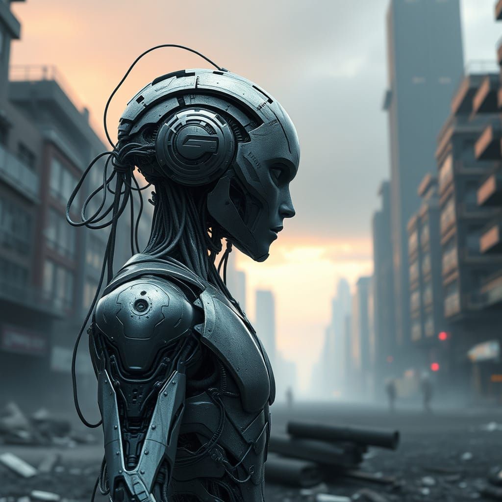 Broken Android in Dystopian City as Photorealistic Art