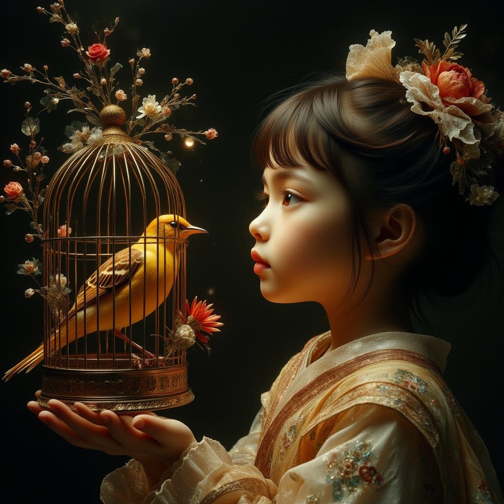 Child Gazes at Nightingale in Antique Birdcage