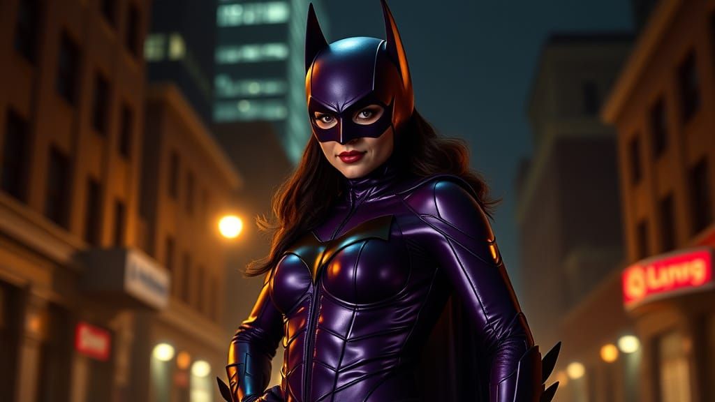 Sultry Batgirl in Fitted Purple Jumpsuit, Cinematic Pose