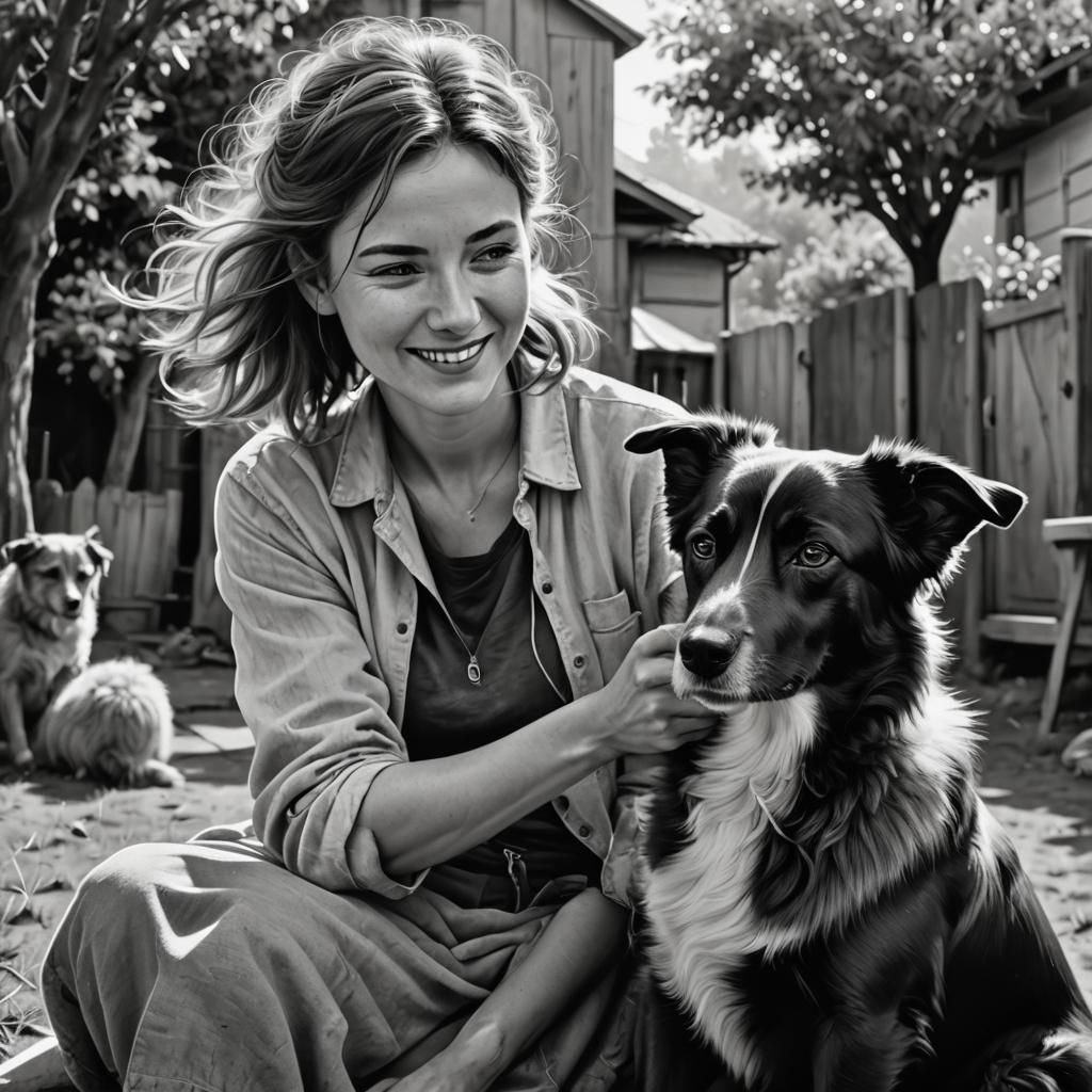Black and White Photo of Woman and Dog