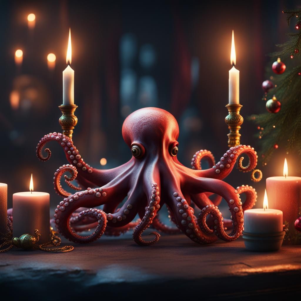 Festive Christmas Octopus with Candles, Digital Art