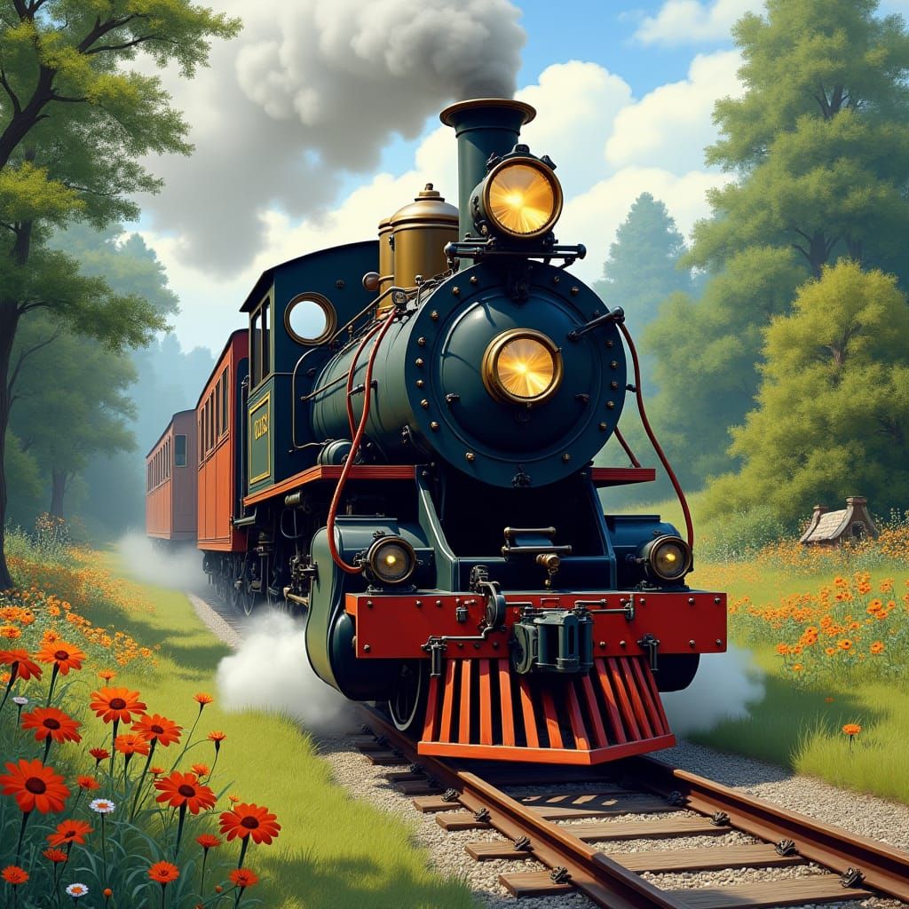 Vintage Steam Locomotive in Impressionistic Landscape