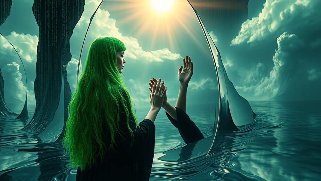 Green-Haired Woman and Distorted Mirror in Matrix Style