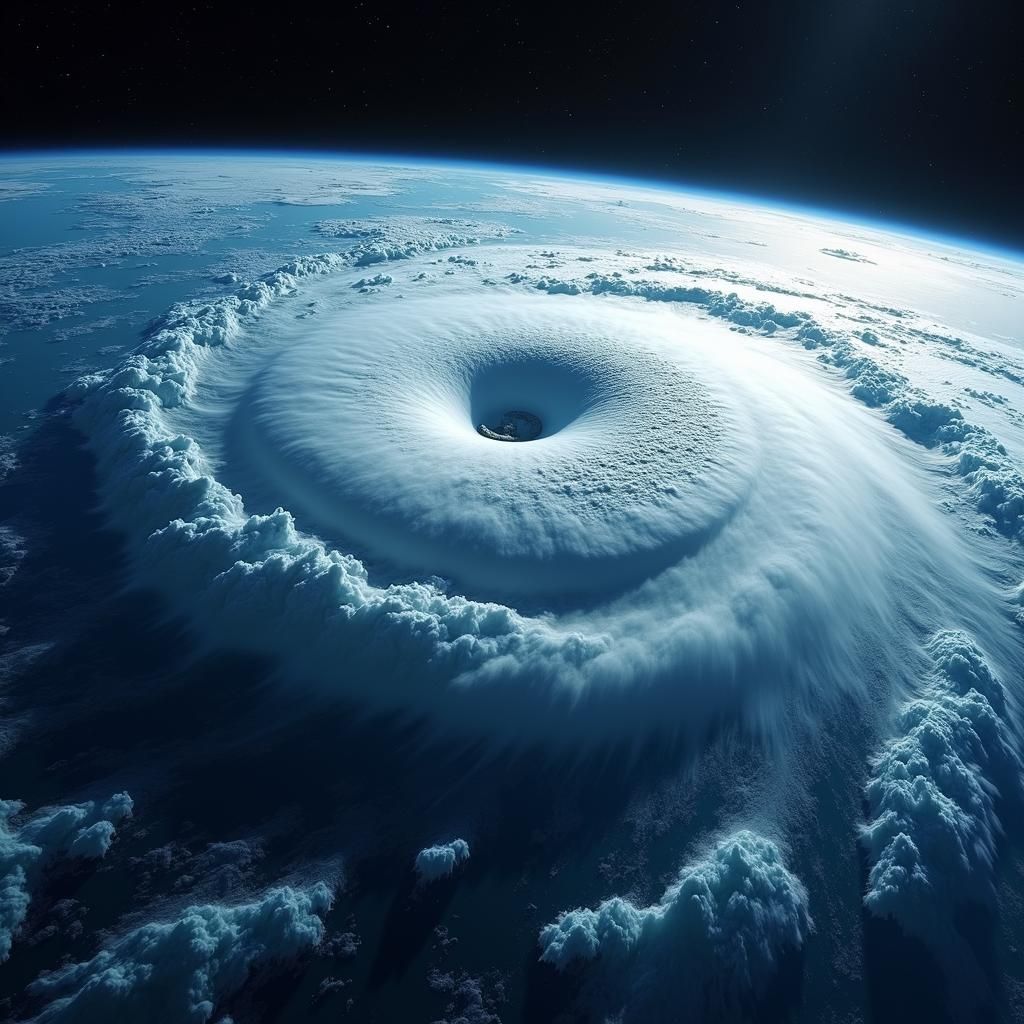 Swirling Hurricane Seen From Orbit in Space Art Style