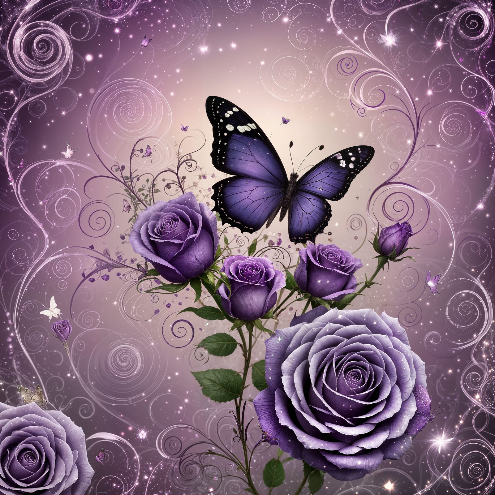 Butterfly on Purple Rose with Swirls and Sparkles