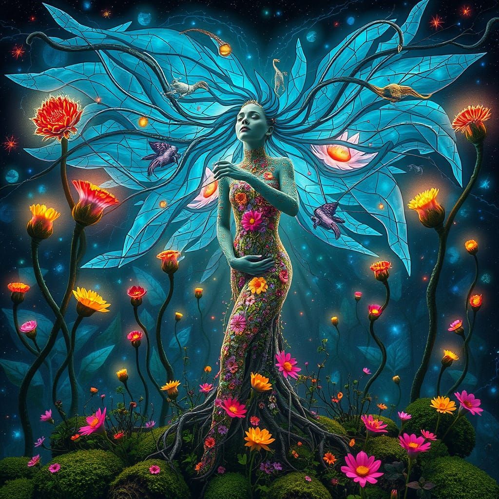 Bioluminescent Garden with Mirrored Roots and Mythical Creat...