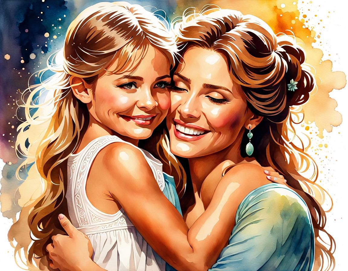 Happy Mother and Daughter Portrait in Watercolor Style