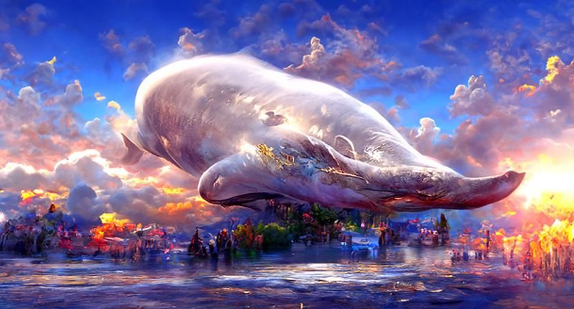 Whale Emerges From Cloud in Ethereal Sunset