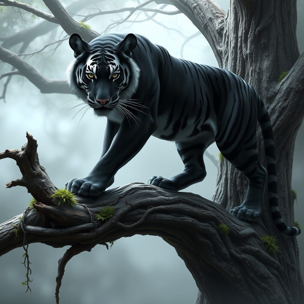 Regal Black Tiger Dominates Gnarled Tree