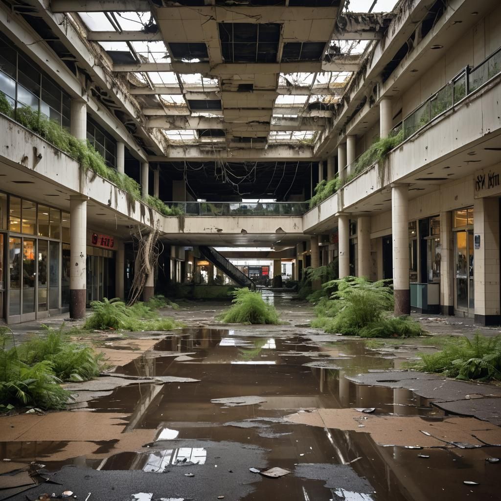 Decaying Mall Consumed by Nature in Twilight