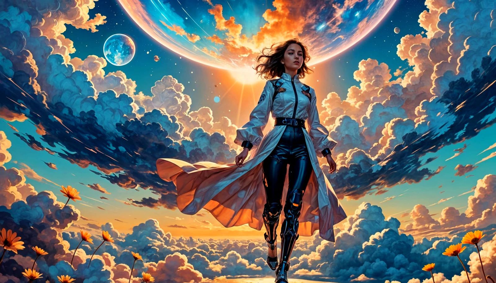 Cybernetic Woman Ascends in Dreamlike Anime Art