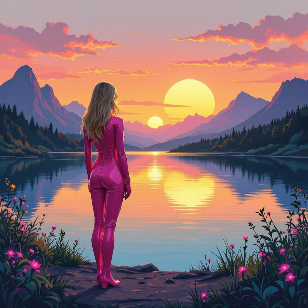 Bioluminescent Sunset Landscape in a Surreal Style