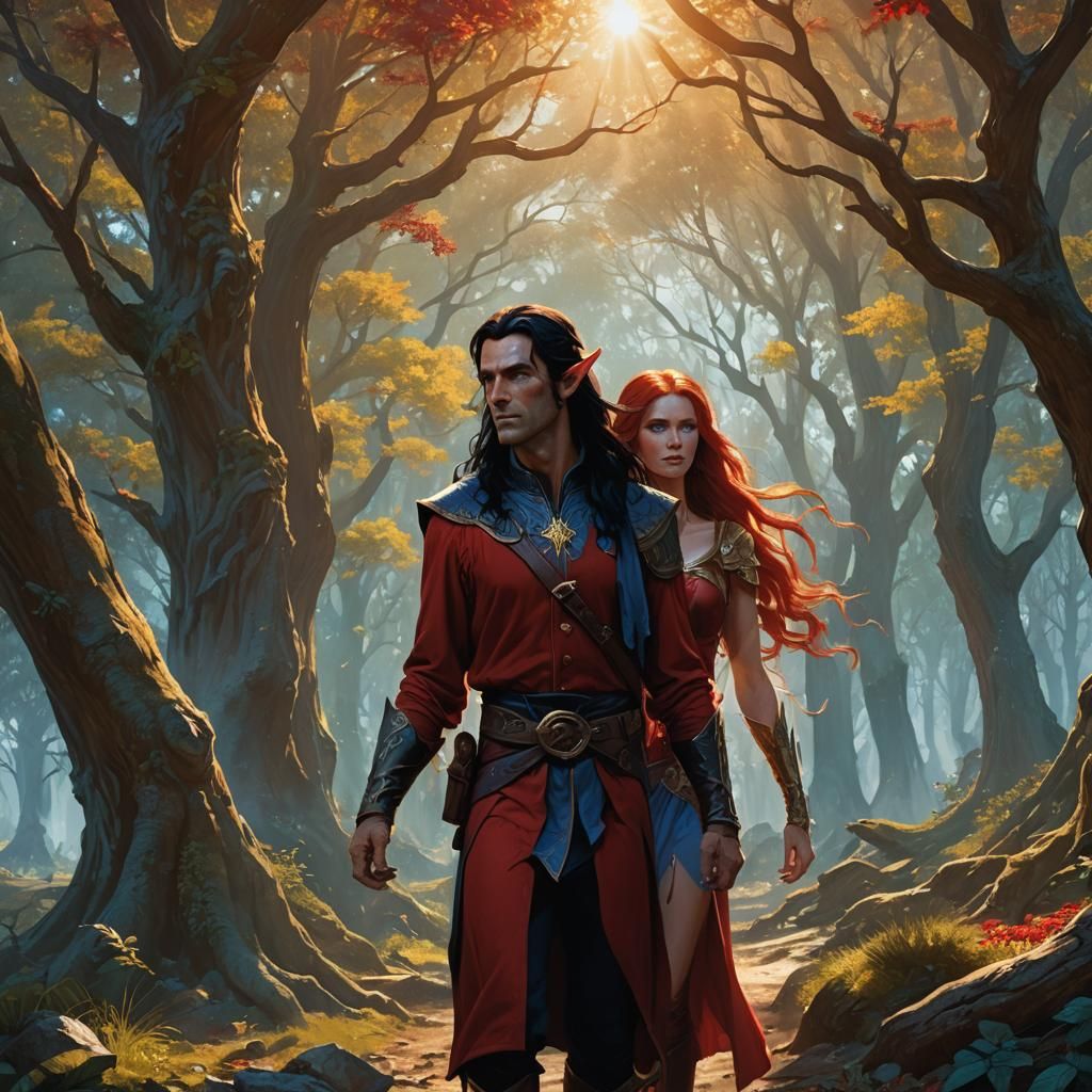 A tall male elf , in his 40's,with very very long black hair, blue eyes and wearing a red clothing, walking beside a fe...