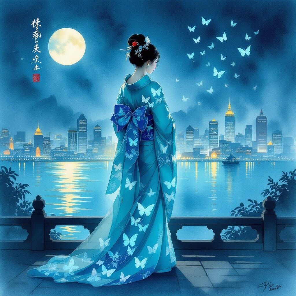 Turquoise Kimono Figure Amidst Luminous Night City