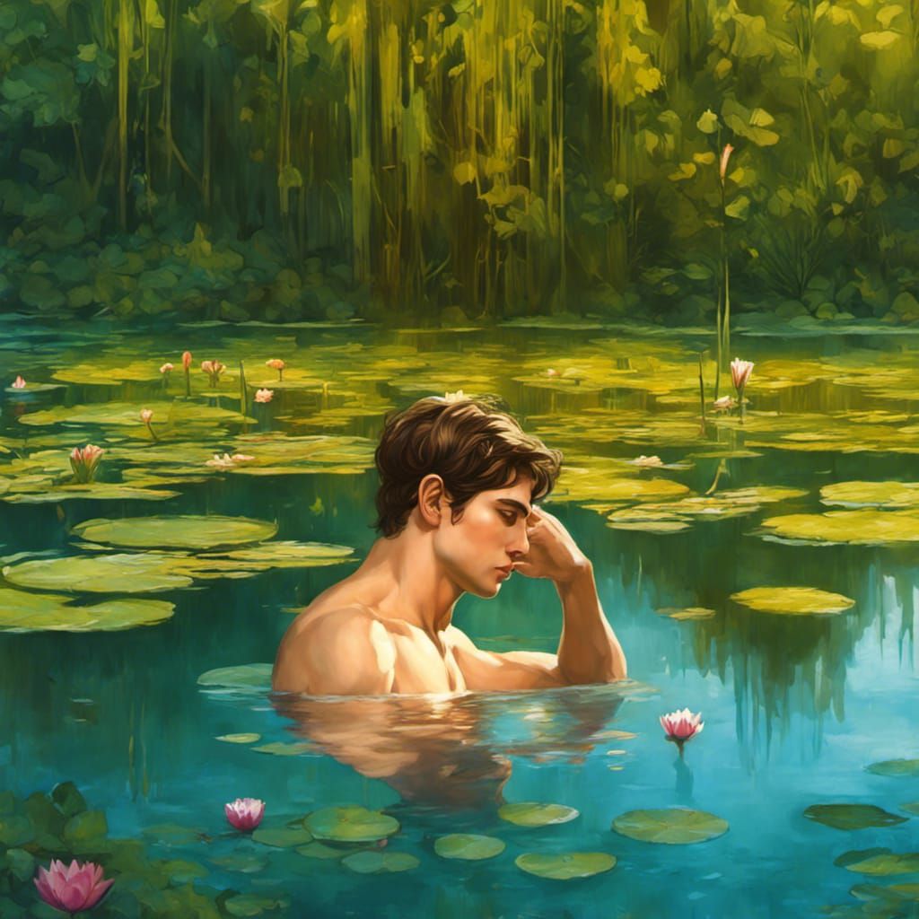 Romantic Lake Bathing: A Pre-Raphaelite Illustration