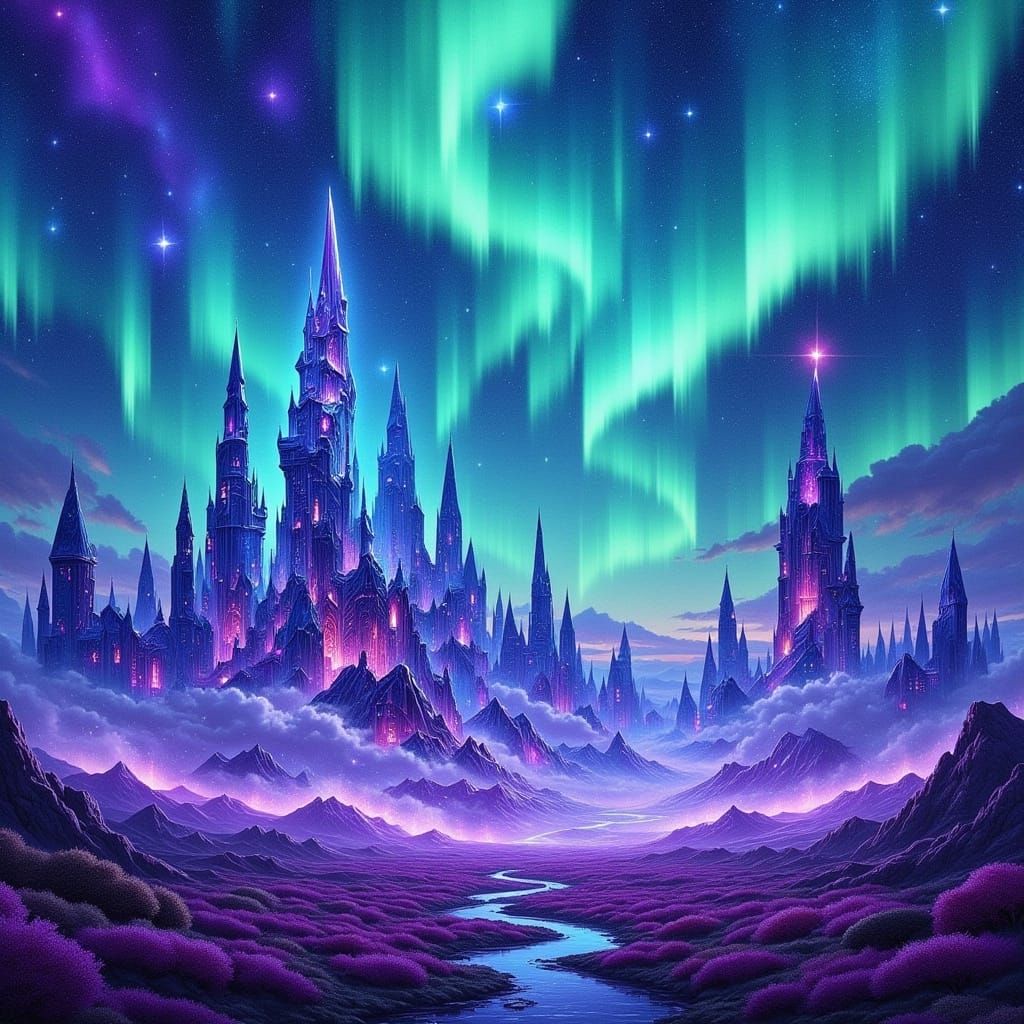 Celestial Amethyst City With Aurora Landscape In Acrylic Sty...