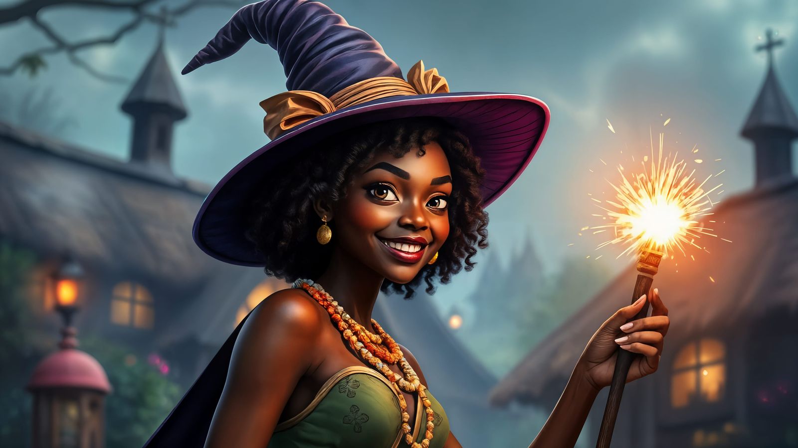 Vibrant Yoruba Witch with Sparking Wand