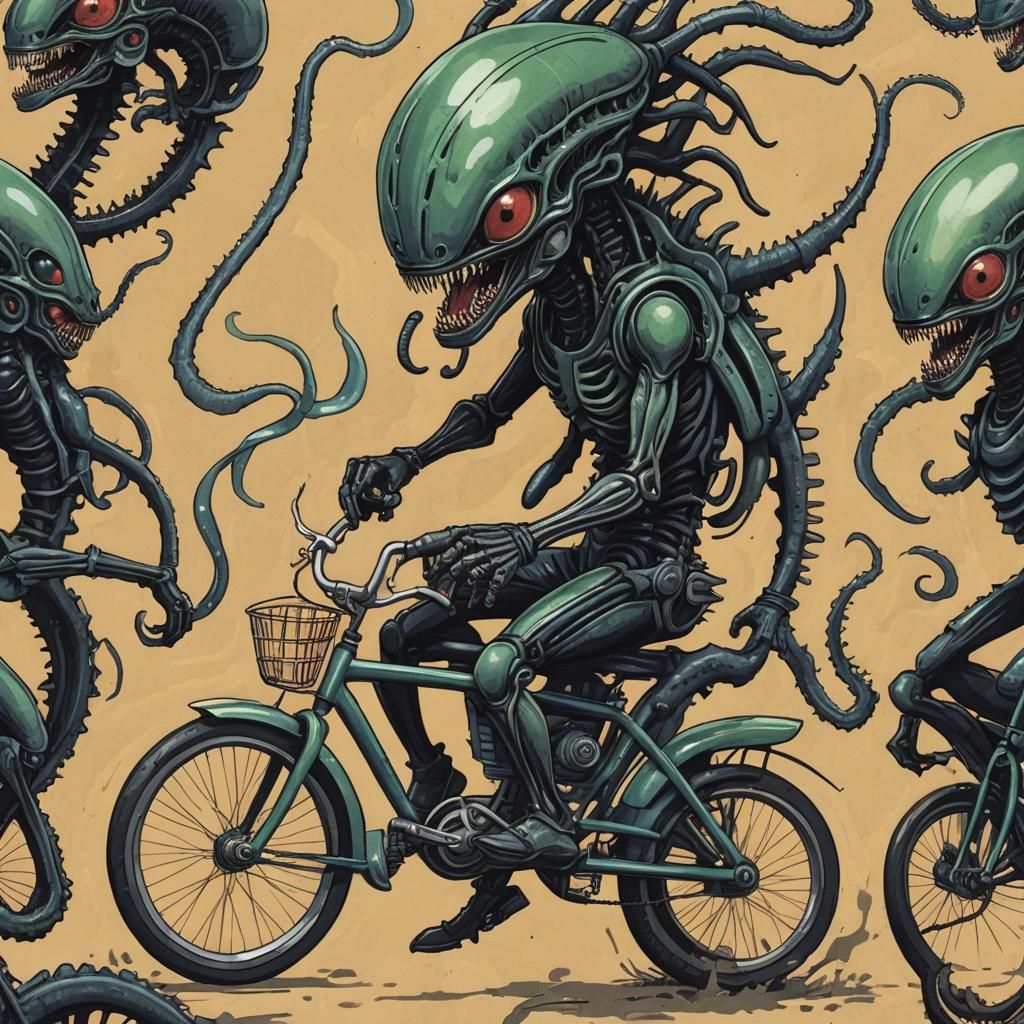 Googly-Eyed Xenomorph on Bicycle: Abstract Art