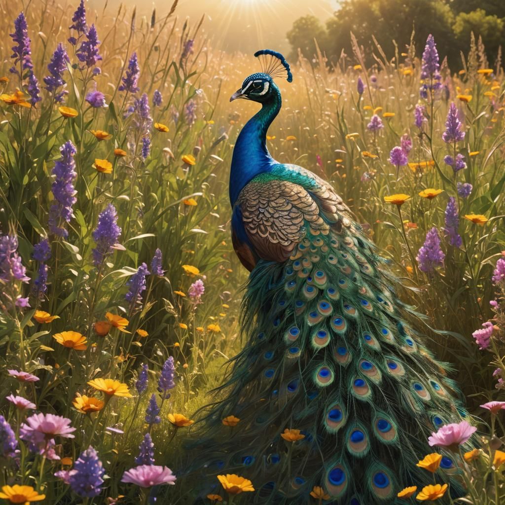 Peacock in Wildflower Field, Matte Painting