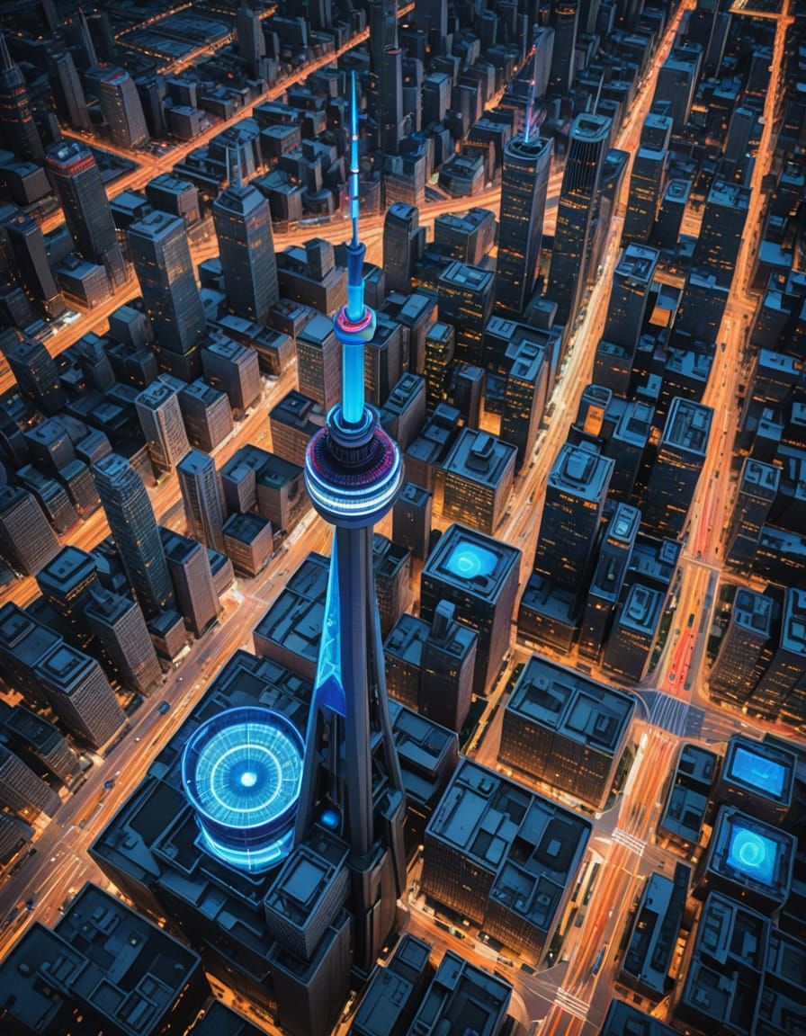 Cyberpunk Cityscape with Tilted CN Tower in Neon-Lit Futuris...