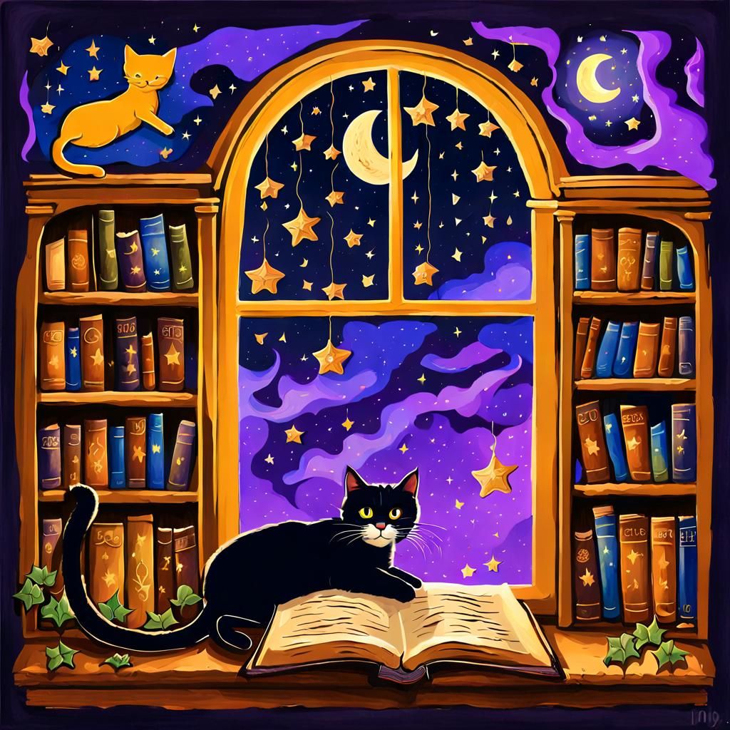 Whimsical Cats Playing in Bookshop: Oil Painting