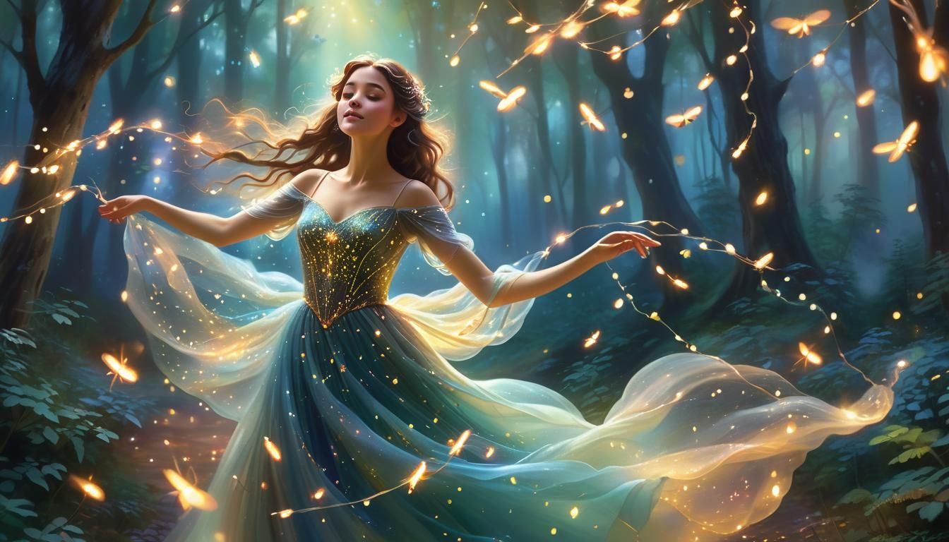 Woman Dancing with Fireflies in Mystical Forest