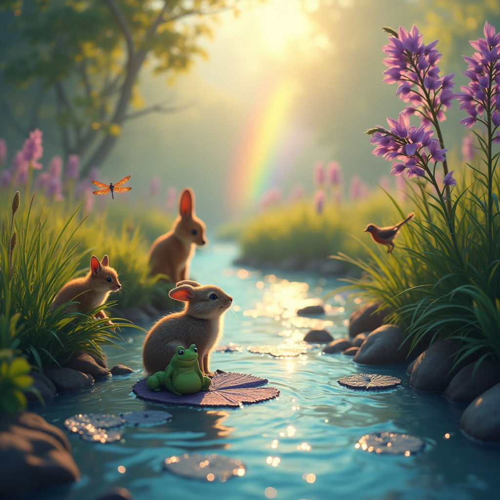 Enchanted Riverside Scene with Animals and Rainbow