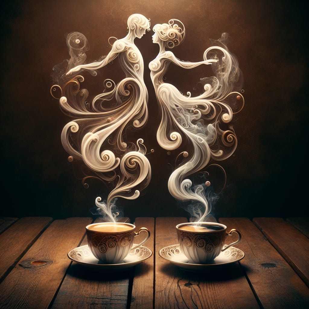 Art Nouveau Coffee Scene with Steampunk Silhouettes