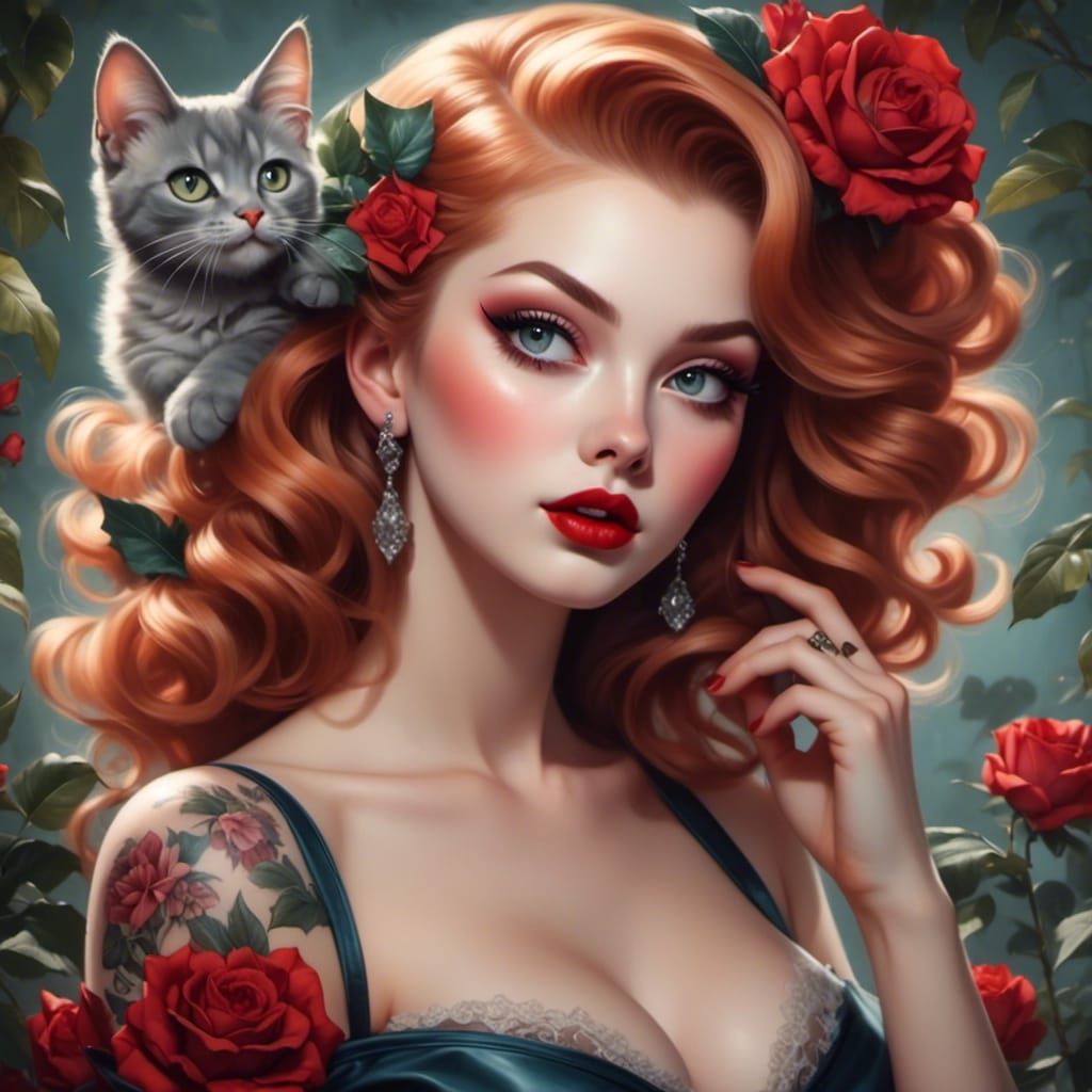 Beautiful Woman with Cat in Pin-Up Style