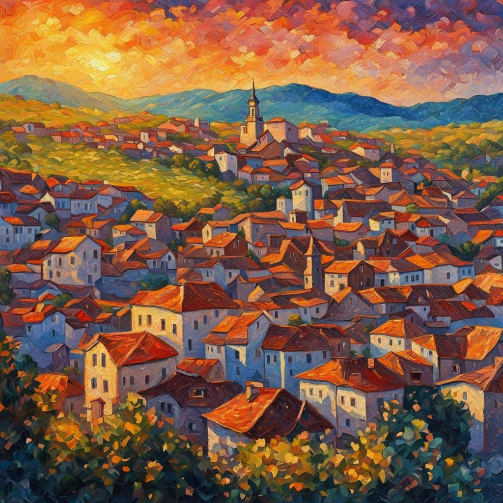 Golden Hour Cityscape in Vibrant Neo-Impressionist Style