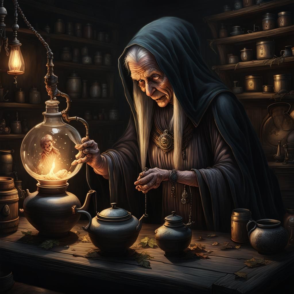 Ominous Crone Brewing Potion in Dark Cottagecore Style