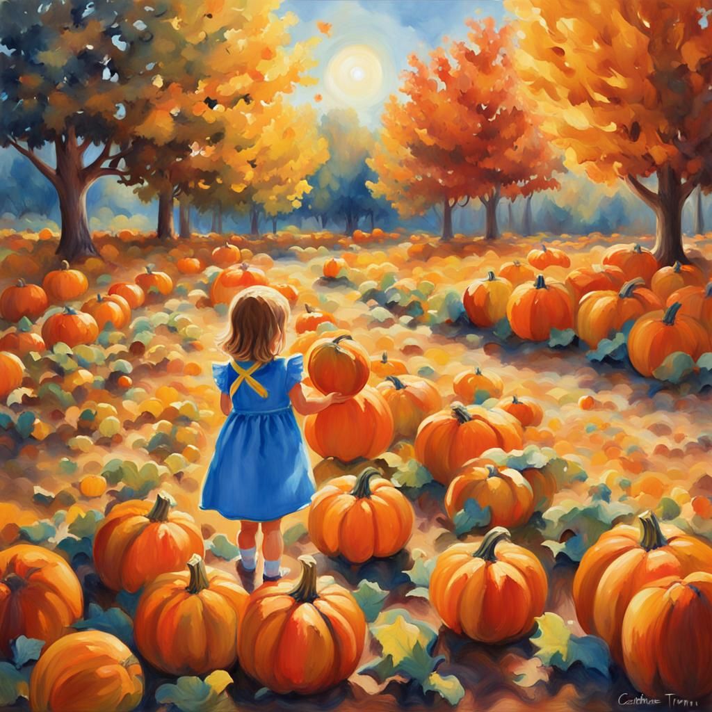 Girl in Pumpkin Patch: Dreamy Magical Realism Painting
