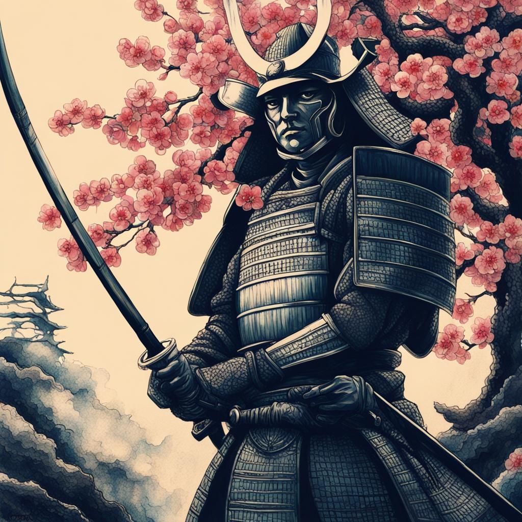 Retrato de samurai delante de un cerezo en flor. abstract ar...